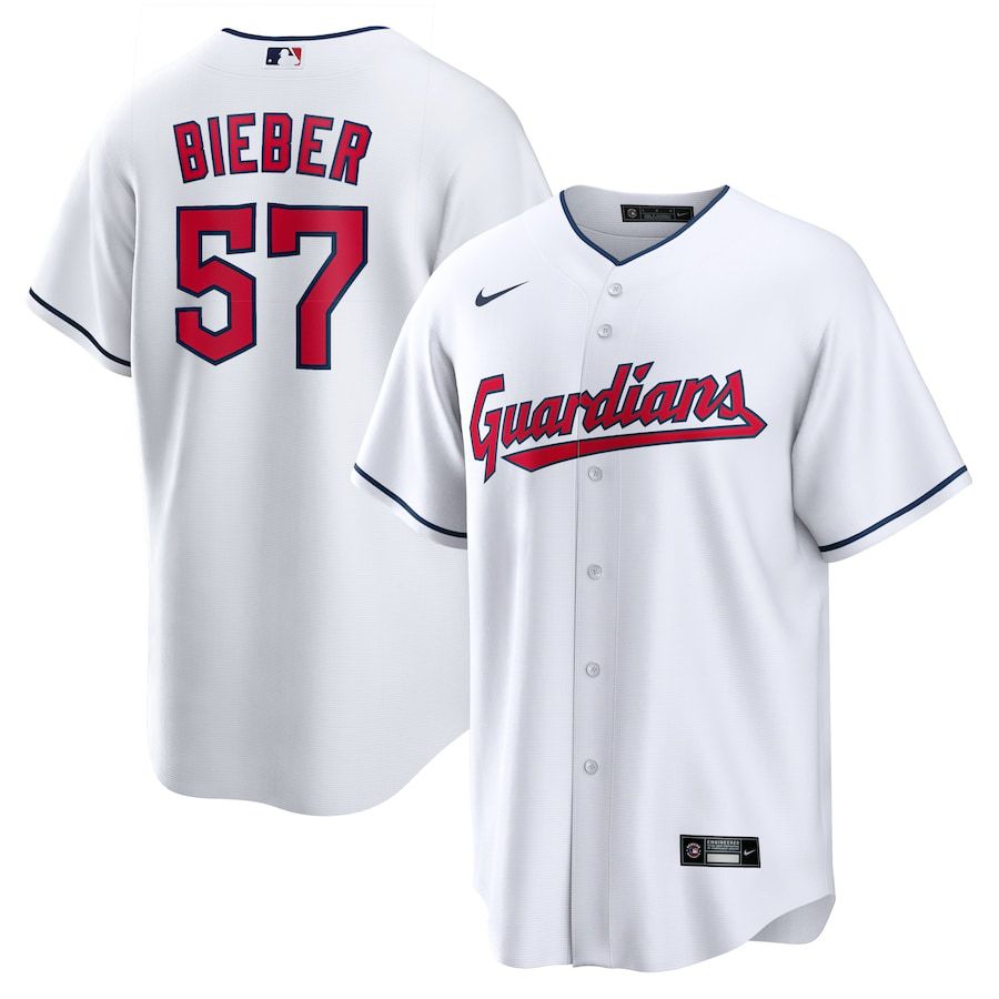 Men Cleveland Guardians #57 Shane Bieber Nike White Replica Player MLB Jersey